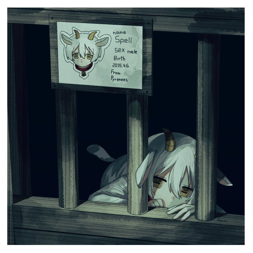 1boy animal_ears border brown_eyes cage child english_text expressionless fuvin goat_boy goat_ears goat_horns goat_tail hair_between_eyes highres horizontal_pupils horns in_cage male_focus original short_hair solo white_border white_hair wooden_cage