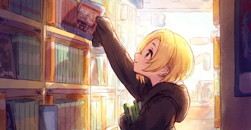 1girl black_hoodie blonde_hair blu-ray ear_piercing from_side hageringo highres hood hoodie idolmaster idolmaster_cinderella_girls indoors piercing profile shirasaka_koume shopping short_hair slice_of_life smile solo upper_body