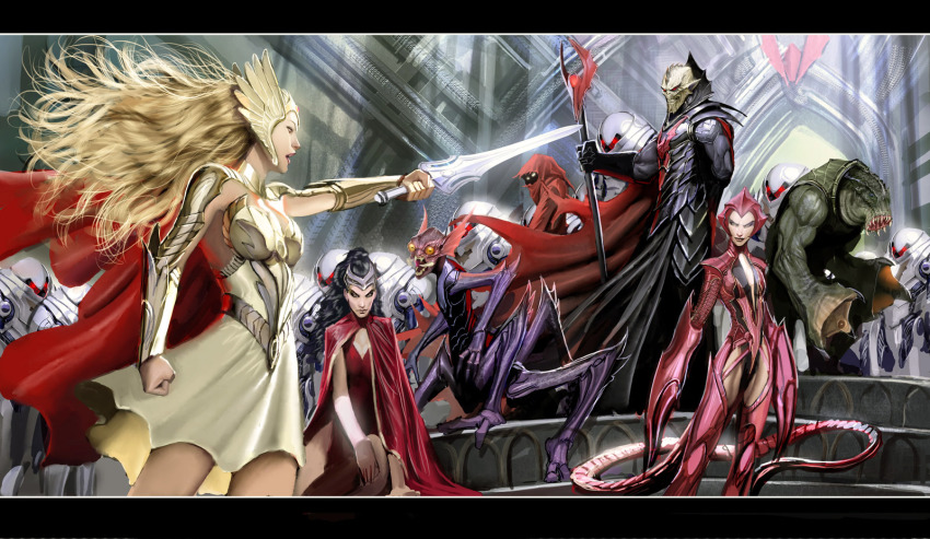 4girls alien android arm_guards armor army black_hair blonde_hair breastplate cape catra_(princess_of_power) claws emblem epic fantasy fortress highres holding holding_sword holding_weapon hordak_(princess_of_power) horde_trooper leech leech_(she-ra) letterboxed long_hair mantenna masters_of_the_universe monster multiple_boys multiple_girls muscular pointing_melee_weapon pointing_sword realistic red_eyes redesign robot science_fiction scorpia_(princess_of_power) shadow_weaver_(princess_of_power) she-ra_(character)_(princess_of_power) she-ra_princess_of_power skirt soldier staff standing stjepan_sejic sword tail weapon