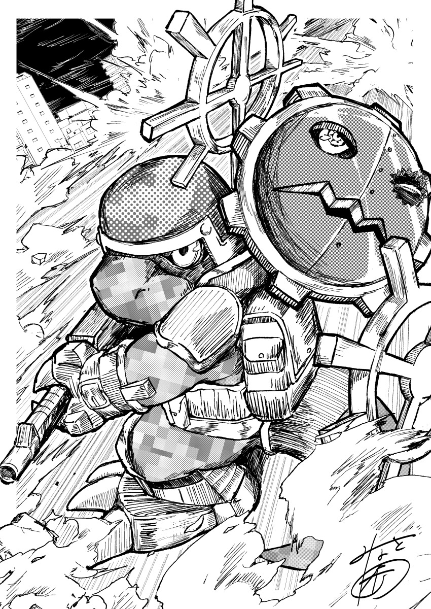 absurdres assault_rifle ayumuminato commandramon digimon digimon_(creature) dinosaur explosion gears gun hagurumon halftone helmet highres holding holding_gun holding_weapon monochrome rifle weapon