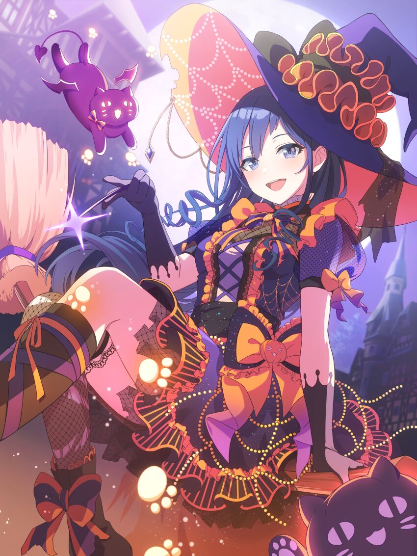 1girl absurdres artist_request blue_eyes blue_hair blurry blurry_background boots breasts broom crossed_legs dress elbow_gloves fishnet_cutout fishnet_pantyhose fishnets gloves halloween halloween_costume hat highres kurogane_ren long_hair looking_at_viewer medium_breasts night official_art open_mouth orange_dress orange_ribbon pantyhose pointing pointing_at_another purple_cat purple_dress purple_eyes purple_hair purple_ribbon ribbon shine_post skirt smile solo sparkle teeth upper_teeth_only very_long_hair witch_hat