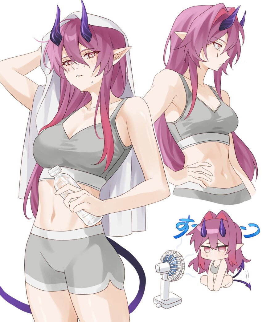 1girl afterimage amo20839453 arknights ascalon_(arknights) bare_arms bare_shoulders bottle breasts chibi chinese_commentary cleavage collarbone commentary_request crop_top drink electric_fan grey_sports_bra hair_between_eyes hand_on_own_hip highres holding holding_drink horns long_bangs long_hair looking_ahead looking_at_viewer medium_breasts midriff multiple_views navel parted_lips pink_eyes pink_hair plastic_bottle pointy_ears profile purple_horns purple_tail simple_background sound_effects sports_bra sweat tail tail_wagging teardrop_facial_mark towel water_bottle white_background