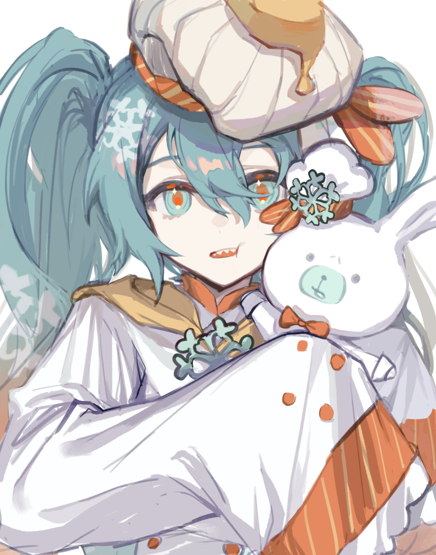 1girl absurdres aqua_eyes aqua_hair buttons commentary double-parted_bangs hair_between_eyes hair_ornament hat hatsune_miku highres holding kuukip long_hair long_sleeves looking_at_viewer open_mouth rabbit_yukine red_pupils sharp_teeth shirt shrimpku simple_background sleeves_past_fingers sleeves_past_wrists snowflake_brooch teeth twintails upper_body upper_teeth_only vocaloid white_background white_hat white_shirt yuki_miku yuki_miku_(2024)_(applicant)