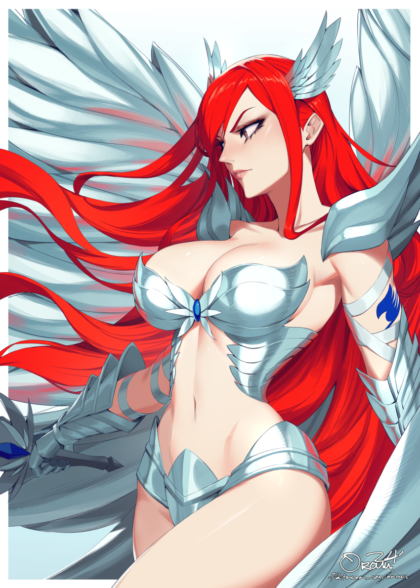 1girl breasts cape cleavage erza_scarlet fairy_tail fairy_tail_logo fake_wings from_side grey_cape head_wings highres holding holding_sword holding_weapon large_breasts long_hair navel orouu red_hair shiny_skin smile solo stomach sword weapon white_background wings