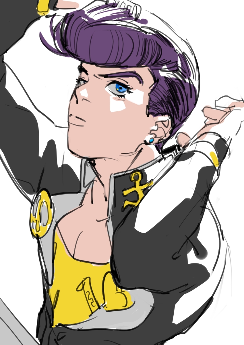 1boy anchor_ornament black_jacket blue_eyes diamond_wa_kudakenai earrings gakuran heart higashikata_josuke highres jacket jewelry jojo_no_kimyou_na_bouken lighthouse_(lt_yummy) male_focus peace_symbol pompadour purple_hair school_uniform shirt simple_background sketch solo stud_earrings white_background yellow_shirt