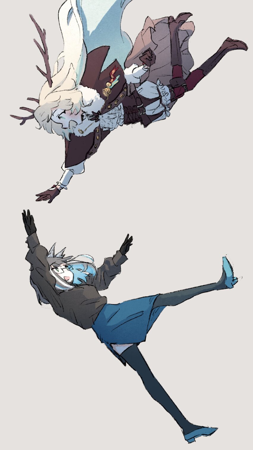 2girls absurdres animal_ears antlers black-framed_eyewear black_gloves black_thighhighs blonde_hair bloomers blue_eyes blue_footwear blue_hair blue_skirt boots brown_capelet brown_footwear brown_gloves brown_horns cape capelet commentary deer_ears falling full_body glasses gloves grey_background grey_hair grey_shirt high_heels highres horns looking_at_another multicolored_hair multiple_girls nanashi_inc. open_mouth oura_rukako oura_rukako_(1st_costume) pencil_skirt shirt short_hair simple_background skirt smile streaked_hair thighhighs tsukinoki_tirol underwear virtual_youtuber white_bloomers white_cape white_hair white_shirt xoo_(x)