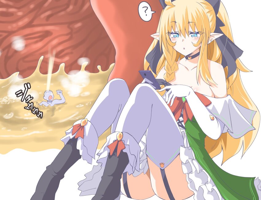 1boy 1girl :o ? acid ahoge black_bow black_choker blonde_hair blue_eyes bow braid choker dress elbow_gloves elf faceless faceless_male frills garter_straps giant giantess gloves green_dress hair_bow highres holding holding_phone inside_creature long_hair looking_at_phone niwaka_potato original phone pointy_ears side_braid simple_background single_braid sitting size_difference spoken_question_mark stomach_(organ) strapless strapless_dress thighhighs vore white_background white_thighhighs