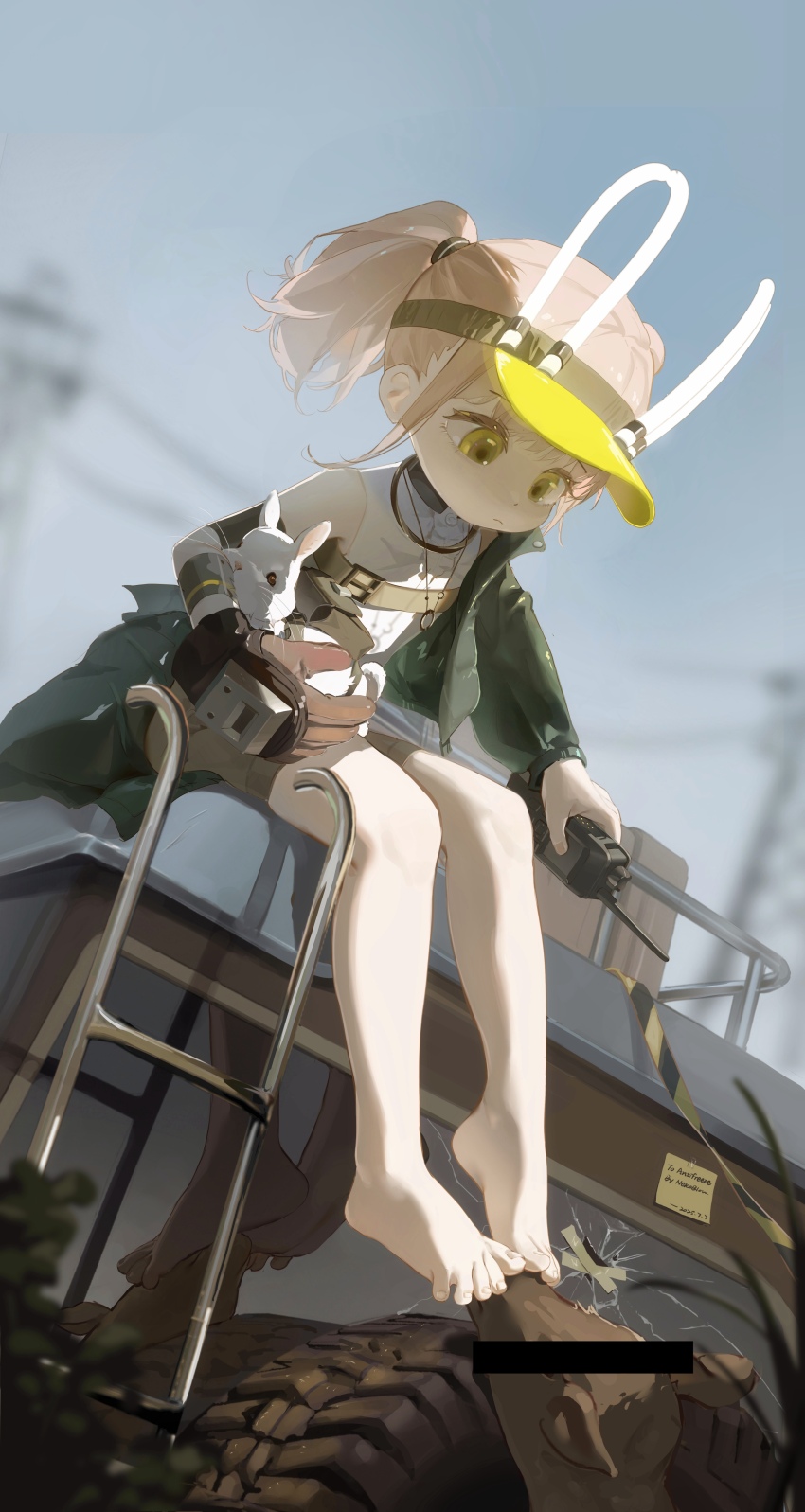 1girl absurdres bar_censor bare_legs barefoot censored closed_mouth feet full_body girls&#039;_frontline girls&#039;_frontline_neural_cloud green_eyes highres neko_blow pink_hair sitting taisch_(neural_cloud) toes twintails visor_cap