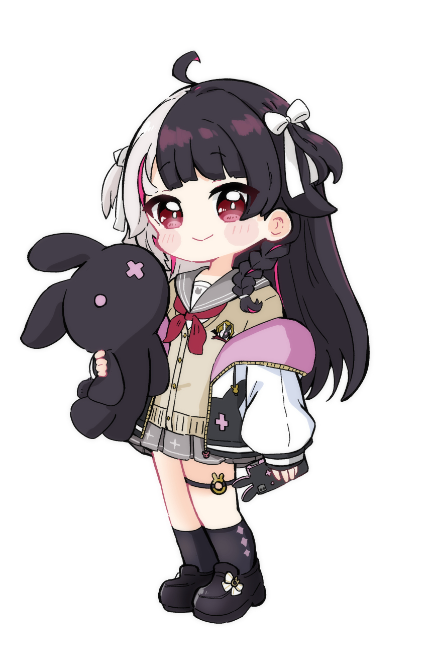 1girl absurdres ahoge black_hair black_shoes black_socks blush_stickers bow braid brown_cardigan cardigan cellphone chibi closed_mouth commentary full_body grey_hair grey_sailor_collar grey_skirt hair_bow highres holding holding_phone holding_stuffed_toy jacket loafers long_hair long_sleeves looking_at_viewer multicolored_hair neckerchief nijisanji nozo_(hitomiz) off_shoulder open_clothes open_jacket phone phone_with_ears pleated_skirt puffy_long_sleeves puffy_sleeves purple_hair red_eyes red_neckerchief sailor_collar school_uniform serafuku shirt shoes simple_background skirt smile socks solo standing streaked_hair stuffed_animal stuffed_rabbit stuffed_toy two-tone_hair two_side_up very_long_hair virtual_youtuber white_background white_bow white_jacket white_shirt yorumi_rena yorumi_rena_(9th_costume)