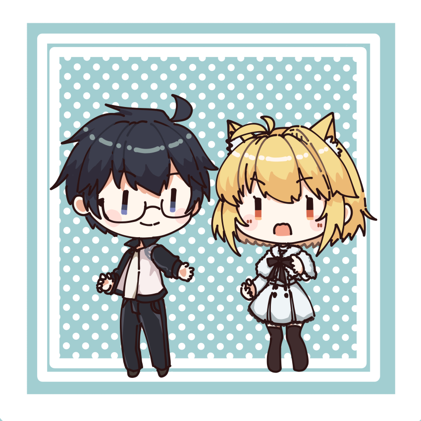 1boy 1girl absurdres ahoge animal_ear_fluff animal_ears arcueid_brunestud black_hair black_ribbon black_thighhighs blue_eyes blush cat_ears cat_girl coat couple dress glasses highres jacket looking_at_another open_clothes open_jacket open_mouth pants red_eyes ribbon simple_background smile thighhighs tohno_shiki tsukihime tsukihime_(remake) user_vkjy5545 white_dress