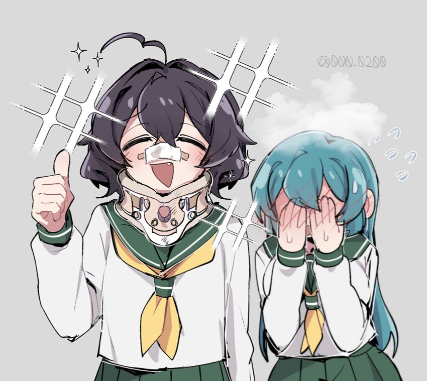2girls ahoge an_sin bandage_on_nose black_hair blue_hair blush cervical_collar closed_eyes covering_own_eyes fang flying_sweatdrops grey_background highres hiiragi_utena long_hair mahou_shoujo_ni_akogarete medium_hair minakami_sayo multiple_girls open_mouth school_uniform simple_background skirt smile thumbs_up yuri