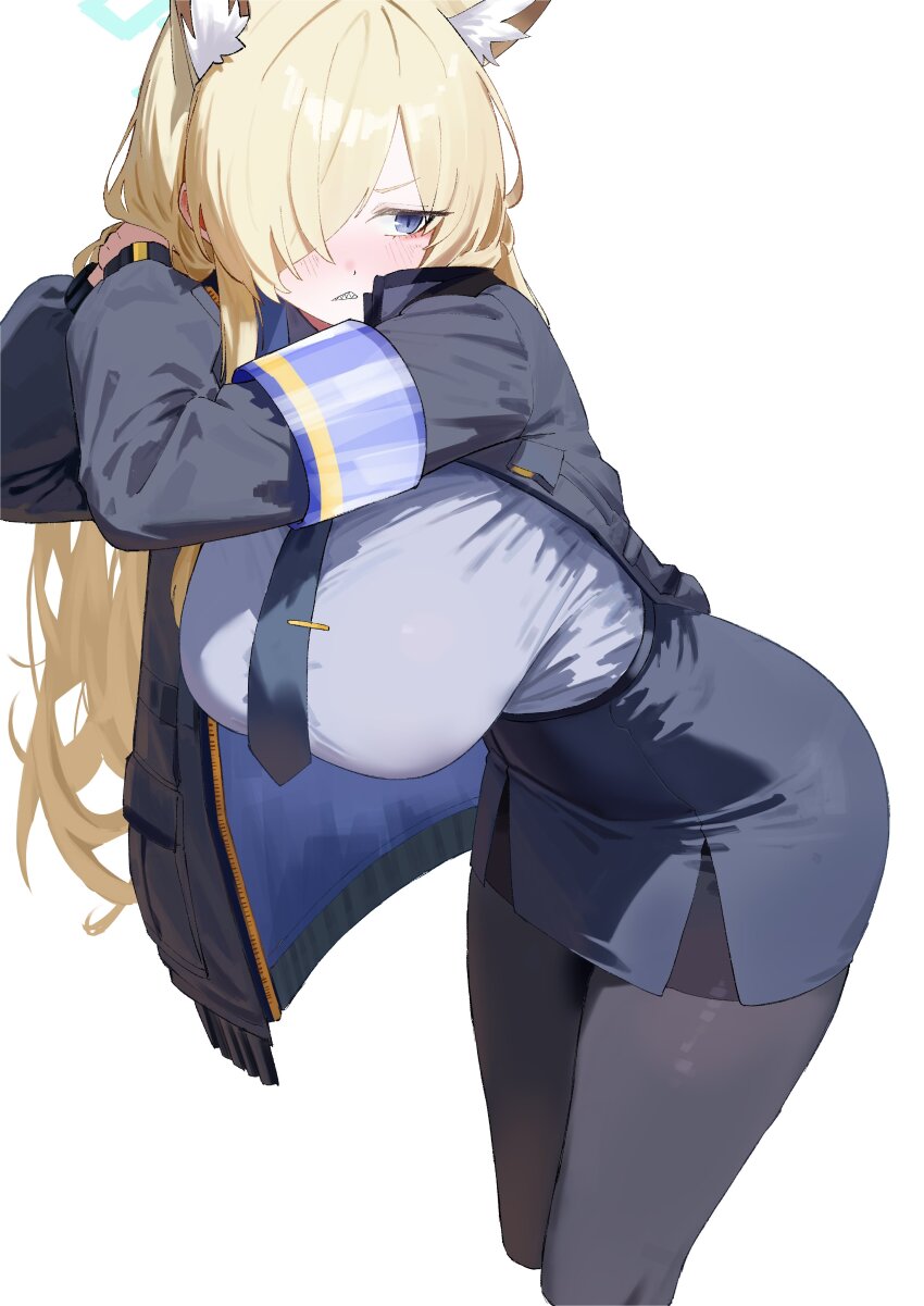 1girl absurdres animal_ear_fluff animal_ears blonde_hair blue_archive blue_eyes blue_halo blush breasts dog_ears dog_girl hair_over_one_eye halo highres jacket kanna_(blue_archive) large_breasts long_hair long_sleeves necktie pantyhose pencil_skirt sharp_teeth skirt solo teeth white_background yue3621