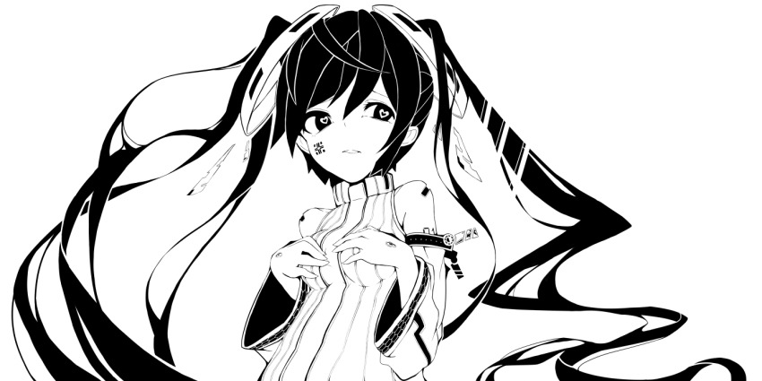 1girl android arm_tattoo bare_shoulders breasts detached_sleeves facial_mark floating_hair greyscale hair_between_eyes hair_ornament hands_on_own_breasts hatsune_miku hatsune_miku_(append) heart heart-shaped_pupils long_hair looking_to_the_side medium_breasts monochrome parted_lips scar scar_on_hand shirt solo symbol-shaped_pupils tattoo tsunotsuki_(uguisu_maccha) twintails very_long_hair vocaloid vocaloid_append