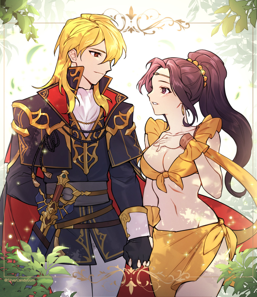 1boy 1girl ares_(fire_emblem) arm_behind_back ascot belt black_cape black_coat black_gloves blonde_hair blush breasts brown_belt brown_eyes brown_hair cape circlet cleavage closed_mouth coat collarbone commission couple cowboy_shot crop_top curtained_hair dappled_sunlight earrings fire_emblem fire_emblem:_genealogy_of_the_holy_war floating_cape frilled_tank_top frilled_wrist_cuffs frills gloves gold_circlet gold_earrings gold_trim grey_belt groin hair_between_eyes hand_on_own_chest hetero high_ponytail highres holding_hands inset_border interlocked_fingers jewelry laylea_(fire_emblem) leaf light_particles lone_nape_hair long_hair looking_at_another miniskirt mystletainn navel nintendo open_mouth orange_skirt orange_tank_top pants parted_bangs pixiv_commission ponytail popped_collar red_cape red_eyes ribs scabbard sheath sheathed shirt side_slit sidelocks silvercandy_gum skirt sleeve_cuffs smile sparkle stomach sunlight sword tank_top tied_shirt tied_skirt twitter_username two-sided_cape two-sided_fabric very_long_hair weapon white_ascot white_background white_pants wrist_cuffs