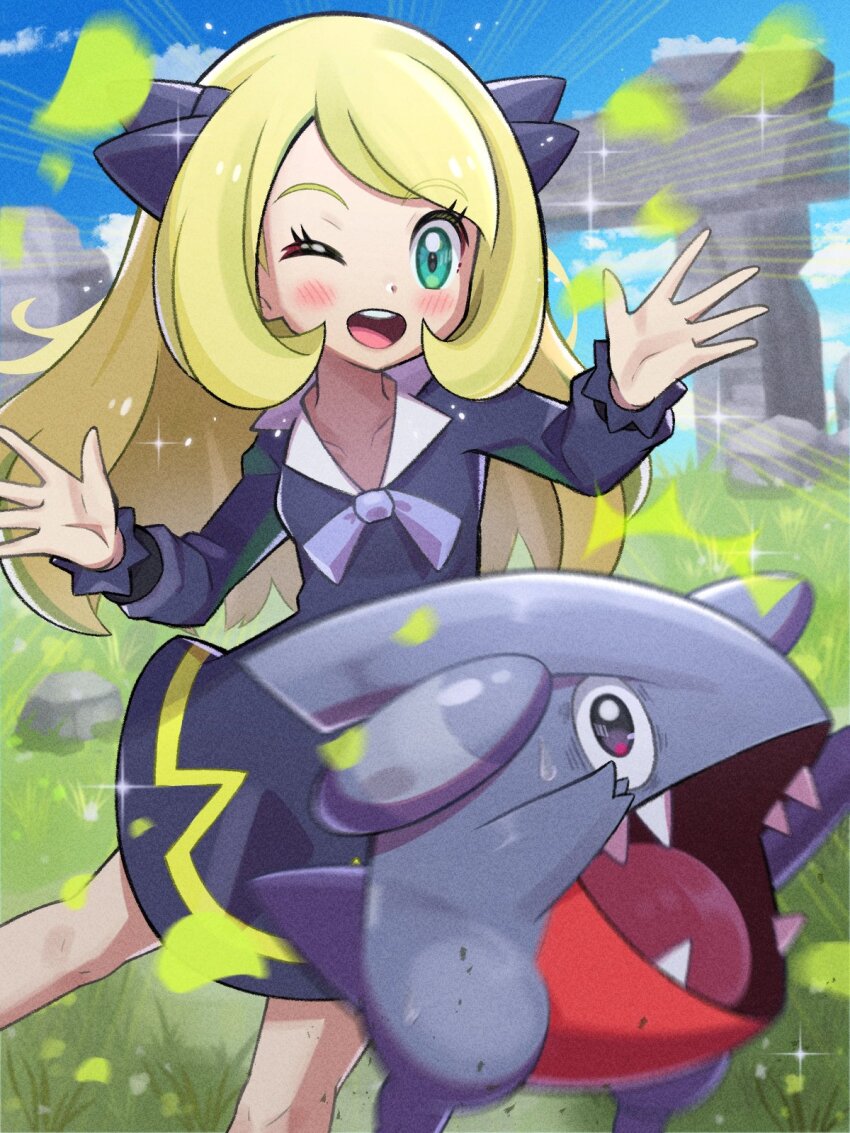 1girl aged_down aqua_eyes blonde_hair blue_dress blue_sky blush collarbone commentary_request cynthia_(pokemon) dress fangs frilled_sleeves frills gen_4_pokemon gible grass hair_ornament highres inana_umi leaf light_particles long_hair motion_blur motion_lines nintendo one_eye_closed open_mouth outdoors outstretched_arms pokemon pokemon_(anime) pokemon_(creature) pokemon_journeys ribbon sky surprised sweatdrop