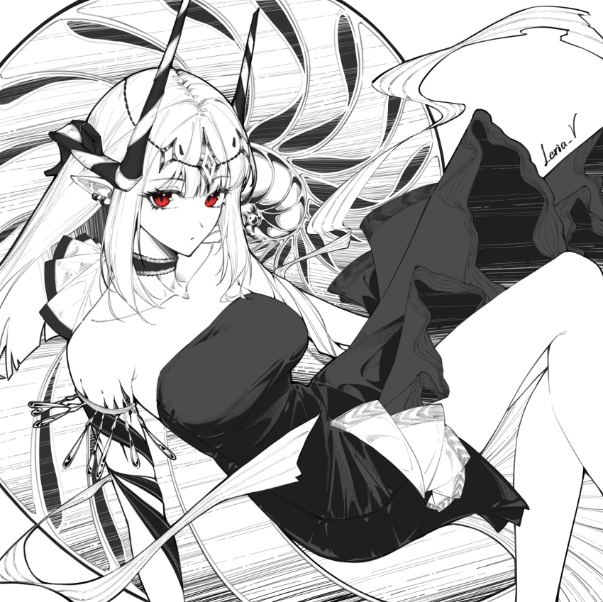 1girl absurdres alternate_costume arknights breasts choker closed_mouth collarbone commentary demon_horns dress earrings english_commentary expressionless feet_out_of_frame greyscale highres horns jewelry leria_v long_hair looking_at_viewer material_growth medium_breasts monochrome mudrock_(arknights) oripathy_lesion_(arknights) pointy_ears red_eyes sash signature simple_background solo spot_color strapless strapless_dress white_background