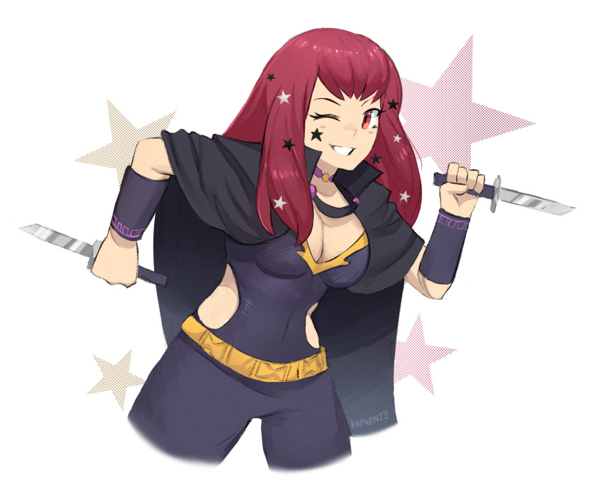 1girl bodysuit breasts cleavage clothing_cutout dual_wielding fire_emblem fire_emblem_engage highres holding kaphrin knife large_breasts long_hair nintendo purple_bodysuit red_eyes red_hair side_cutout solo yunaka_(fire_emblem)