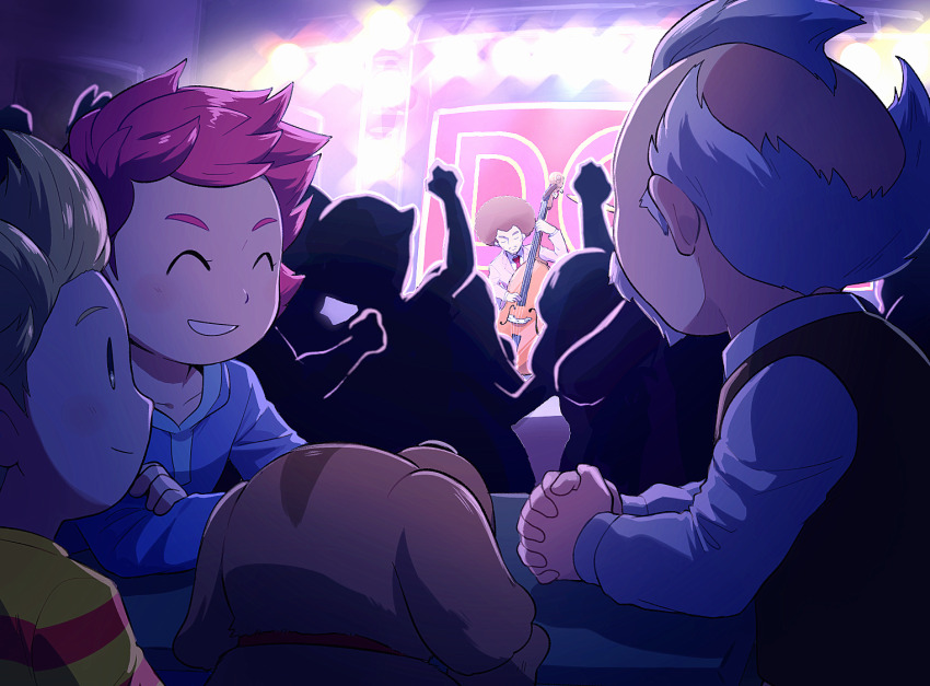 1girl 3boys blonde_hair boney character_request concert crowd dog hood hooded_dress hoodie hoshi_(star-name2000) kumatora lucas_(mother_3) mother_(series) mother_3 multiple_boys nintendo pink_hair shirt short_hair smile striped_clothes wess