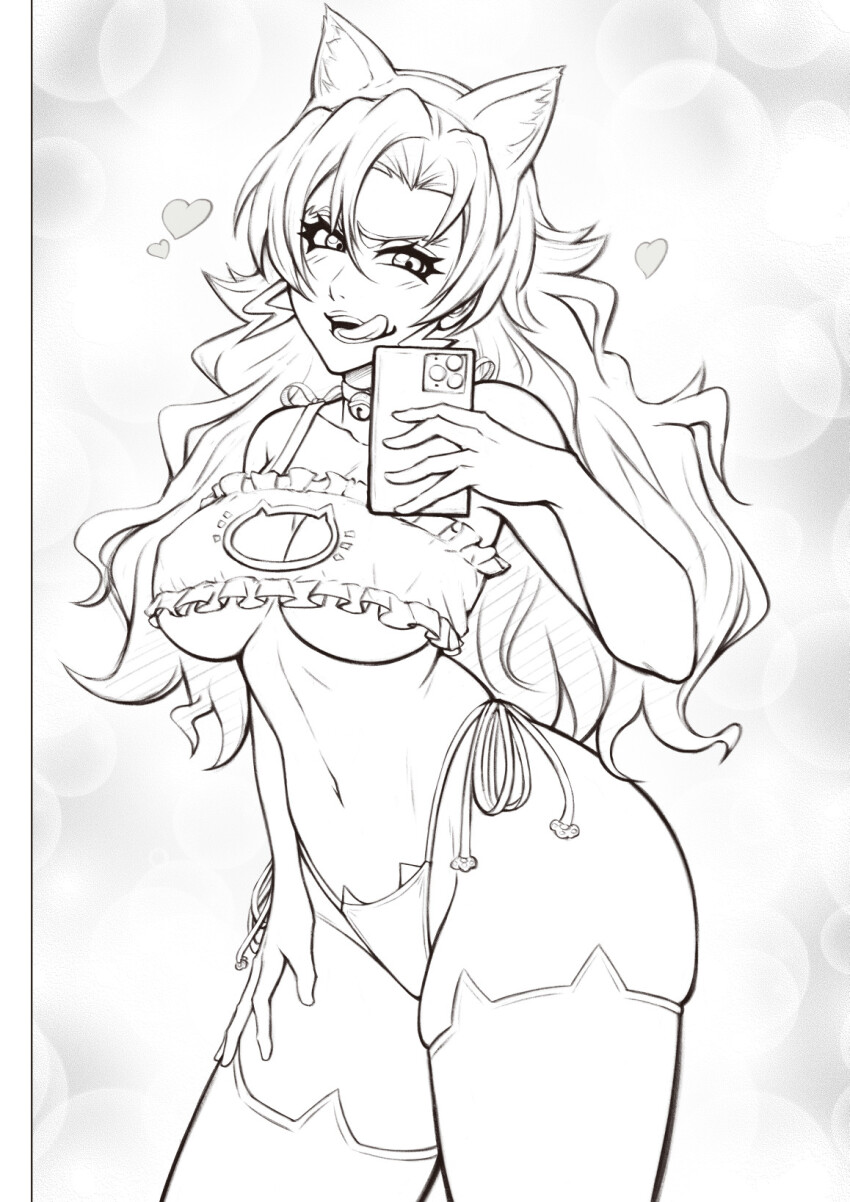 1girl animal_ear_hairband animal_ear_legwear animal_ears bell bleach bleach:_sennen_kessen-hen breasts candice_catnipp cat_ear_hairband cat_ear_legwear cat_ear_panties cat_ears clothing_cutout fake_animal_ears hairband heart highres holding holding_phone large_breasts long_hair mistowing monochrome navel panties phone selfie solo sternritter tongue tongue_out underwear