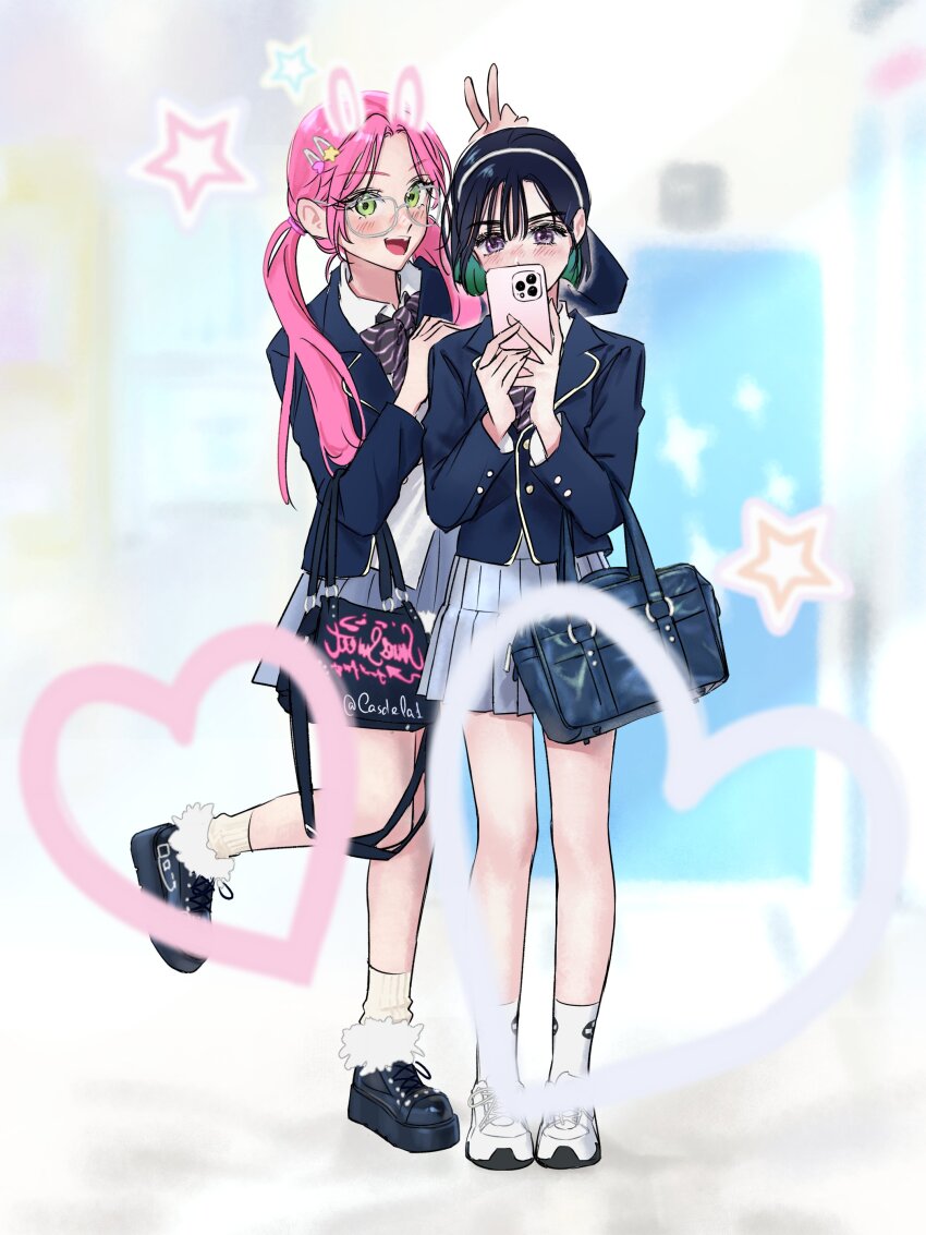 2girls absurdres alien_stage arm_up bad_tag black_bow black_bowtie black_hair black_shoes blazer blue_jacket blush bow bowtie bunny_ears_prank casdela1 cellphone choppy_bangs collared_shirt colored_inner_hair commentary covered_mouth curtained_hair english_commentary foot_up full_body glasses green_eyes green_hair grey_eyes grey_skirt hair_between_eyes hairband hand_on_another&#039;s_shoulder hands_up heart highres holding holding_phone jacket long_bangs long_hair long_sleeves looking_at_phone looking_at_viewer miniskirt mizi_(alien_stage) multicolored_hair multiple_girls nose_blush open_mouth phone pink_hair pleated_skirt selfie shirt shoes short_hair skirt smartphone sneakers socks standing star_(symbol) striped_bow striped_bowtie striped_clothes sua_(alien_stage) teeth twintails upper_teeth_only white-framed_eyewear white_hairband white_shirt white_shoes white_socks