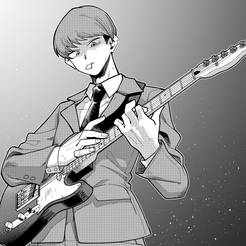 1boy absurdres blazer bowl_cut buttoned_cuffs buttons collared_shirt commentary_request electric_guitar fender_telecaster futsuu_no_keion-bu greyscale guitar guitar_strap guitar_tapping highres instrument jacket lapels long_sleeves male_focus mangakashibou monochrome mouth_hold music necktie notched_lapels playing_guitar playing_instrument plectrum plectrum_in_mouth school_uniform shirt short_hair solo takami_kouki upper_body very_short_hair