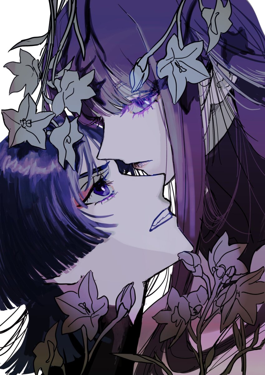 1boy 1girl blue_hair blunt_bangs blunt_ends bright_pupils clenched_teeth closed_mouth colored_eyelashes expressionless eyeliner eyeshadow face-to-face flower genshin_impact hair_flower hair_ornament highres looking_at_another looking_down looking_up loose_hair_strand makeup mandarin_collar mother_and_son parted_lips portrait purple_eyes purple_hair purple_lips raiden_shogun red_eyeliner red_eyeshadow scaramouche_(genshin_impact) shrug_(clothing) si_yam split_ends teeth v-shaped_eyebrows white_pupils