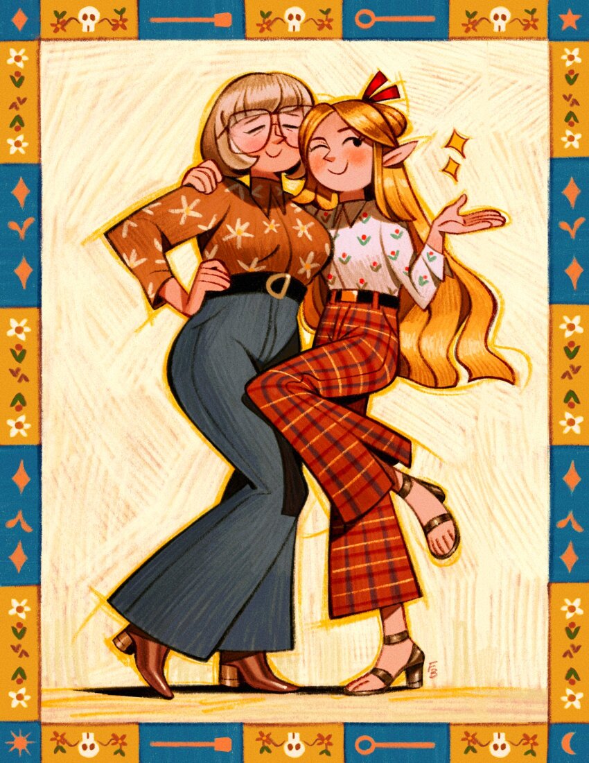 2girls ;) belt belt_buckle black_belt blonde_hair blue_pants border brown_shirt buckle checkered_clothes checkered_pants closed_eyes collared_shirt commentary contemporary denim dungeon_meshi elf english_commentary falin_touden floral_print friedbaens hair_ribbon hand_on_another&#039;s_shoulder hand_on_own_hip high_heel_sandals high_heels highres jeans leg_up light_blush light_brown_hair long_hair marcille_donato medium_hair multiple_girls one_eye_closed open_hand pants patterned_clothing pointy_ears ponytail red_pants red_ribbon ribbon shirt smile sparkle very_long_hair white_shirt