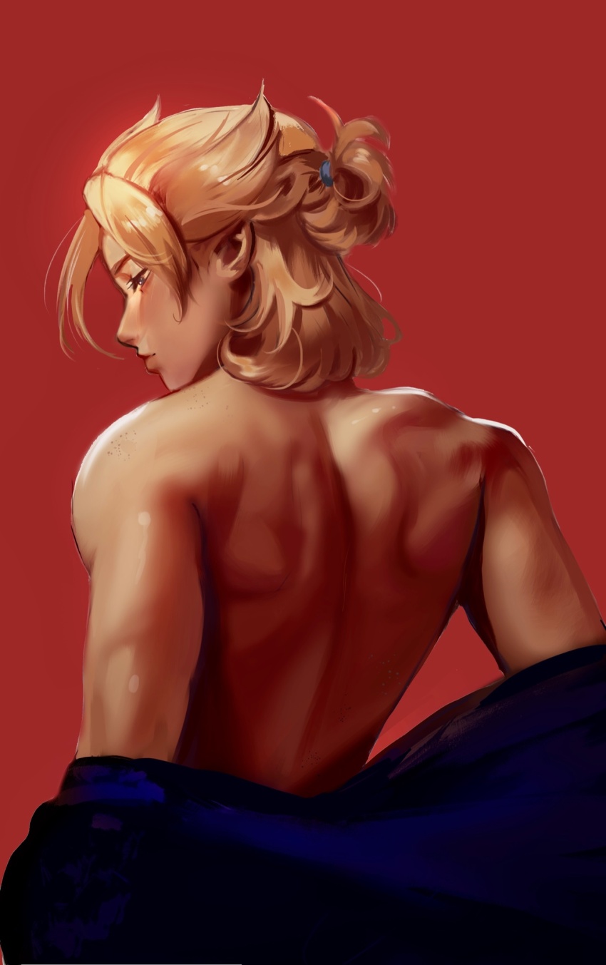 1boy albedo_(genshin_impact) bare_shoulders bellsadonnaaaa blonde_hair blue_eyes body_freckles closed_mouth clothes_lift commentary english_commentary freckles from_behind genshin_impact hair_ornament hair_ribbon hair_scrunchie highres looking_down male_focus medium_hair red_background ribbon scrunchie shoulder_freckles simple_background solo toned toned_male topless_male upper_body