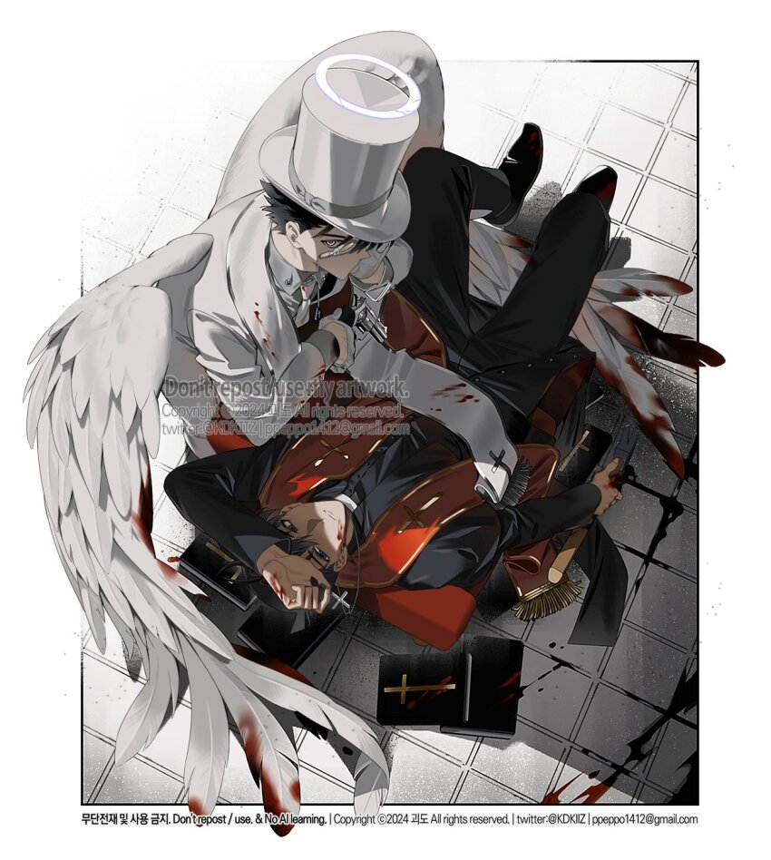 2boys angel_wings black_hair black_pants black_shirt blood blood_on_clothes blood_on_face bloody_wings book border clerical_collar collared_shirt commentary cross cross_necklace english_commentary feathered_wings grey_ribbon gun halo hammer hat hat_ribbon highres holding holding_gun holding_hammer holding_jewelry holding_necklace holding_weapon inverted_cross_print jacket jewelry kaitou_kid kidkuroba4869 kudou_shin&#039;ichi long_sleeves magic_kaito male_focus meitantei_conan monocle multiple_boys necklace necktie pants priest ribbon shirt short_hair stole top_hat watermark weapon white_border white_hat white_jacket white_necktie white_shirt white_wings wings