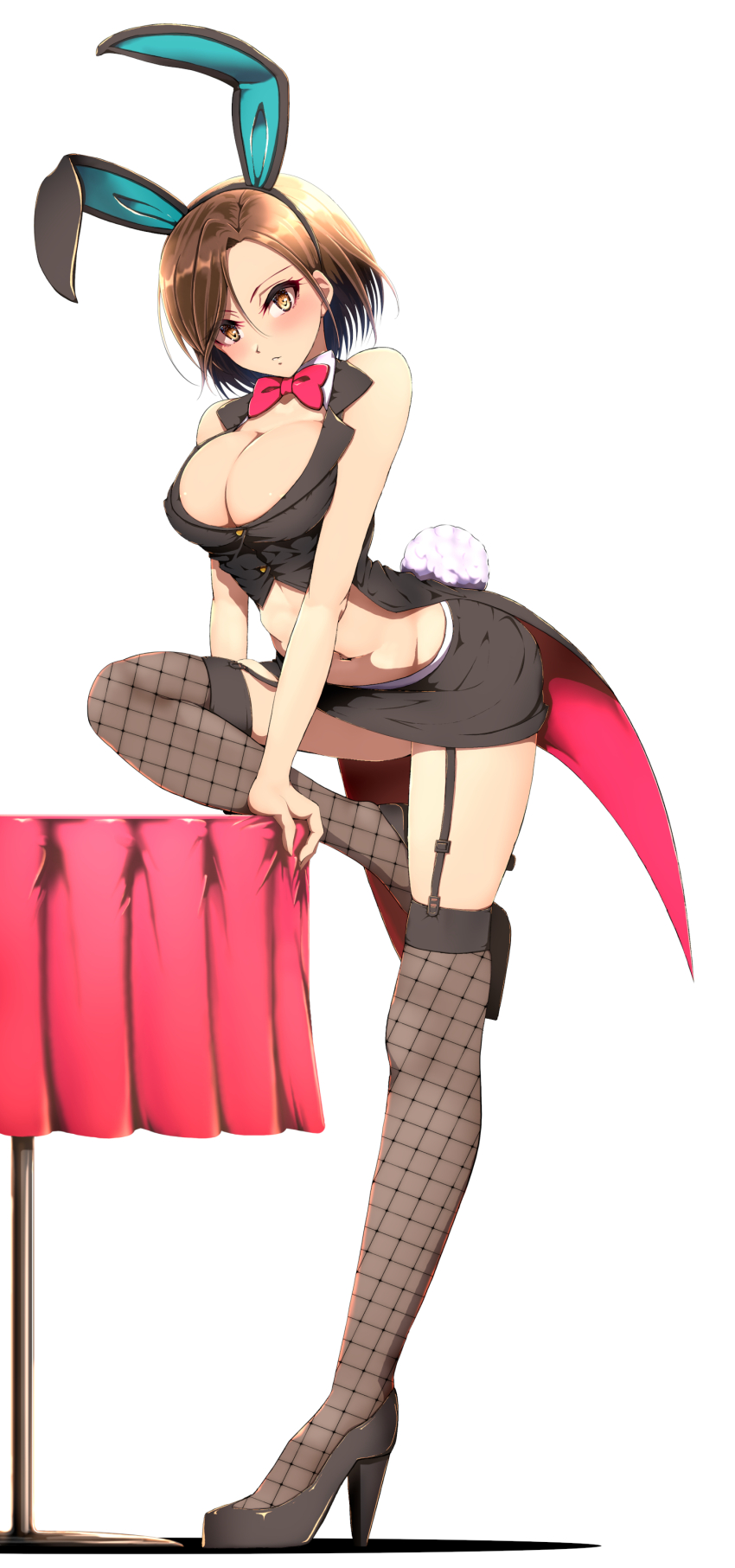 1girl absurdres animal_ears arm_support bare_shoulders black_footwear black_hairband black_shirt black_skirt blush bow bowtie breasts brown_eyes brown_hair cleavage collar crop_top cropped_shirt detached_collar fake_animal_ears fake_tail fishnet_thighhighs fishnets full_body garter_belt hairband high_heels highres hitofudegaki_usagi idolmaster idolmaster_cinderella_girls idolmaster_cinderella_girls_starlight_stage leaning_forward looking_at_viewer medium_breasts midriff mizuki_seira navel parted_lips rabbit_ears rabbit_tail red_bow red_bowtie shirt short_hair simple_background skirt solo standing standing_on_one_leg tablecloth tail tailcoat thighhighs white_background white_collar