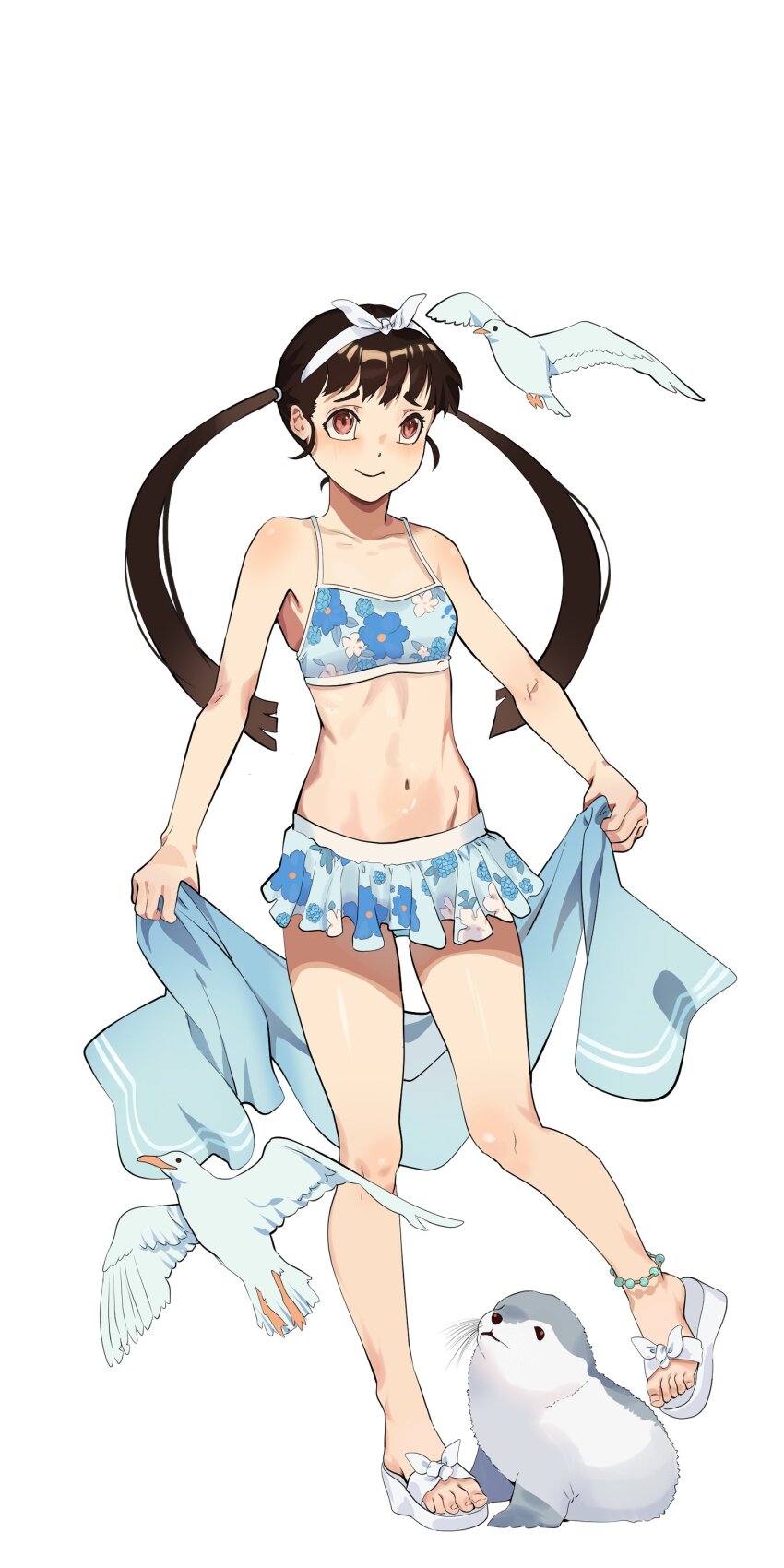 1girl absurdres alternate_costume anklet bikini bikini_skirt bird black_hair blue_bikini breasts brown_eyes cleavage closed_mouth collarbone commentary firstdayiyui flat_chest full_body hachikuji_mayoi hair_ribbon highres holding holding_towel jewelry long_hair looking_at_viewer monogatari_(series) navel print_bikini ribbon seagull seal_(animal) shoes simple_background solo standing swimsuit toes towel twintails white_background white_ribbon white_shoes