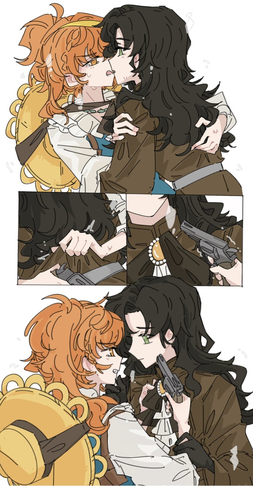 2girls black_gloves black_hair blue_vest brown_shirt face-to-face gelinzzz gloves green_eyes gun highres holding holding_gun holding_weapon incest long_hair looking_at_another lopera_(reverse:1999) moldir_(reverse:1999) multiple_girls no_pupils orange_eyes orange_hair reverse:1999 shirt siblings sisters step-siblings tears vest weapon white_background white_shirt yuri
