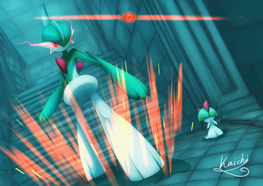 1boy 1other absurdres alpha_pokemon aqua_background artist_name blue_hair blunt_bangs bowl_cut chair child closed_mouth colored_skin dutch_angle full_body gallade gen_3_pokemon gen_4_pokemon glowing glowing_eyes green_hair green_skin hair_over_eyes hand_to_own_mouth hands_up highres indoors kaichi_(tomiyu25) light_trail mohawk multicolored_hair multicolored_skin nintendo open_mouth pokemon pokemon_(creature) pokemon_legends:_arceus ralts red_eyes short_hair signature standing two-tone_hair two-tone_skin white_skin
