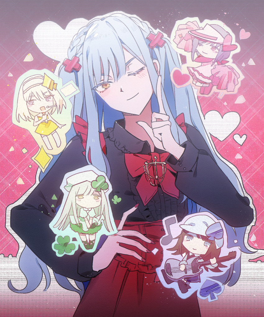 5girls ave_mujica_(bang_dream!) bang_dream! bang_dream!_it&#039;s_mygo!!!!! black_hair black_shirt blonde_hair blue_hair blush bow bowtie center_frills chibi chibi_inset closed_mouth collared_shirt dress dress_shirt bass_guitar frills green_dress green_hair green_hat hand_on_own_hip hat heart highres index_finger_raised instrument long_hair medium_hair microphone misumi_uika multiple_girls music one_eye_closed pink_eyes playing_bass_guitar playing_instrument plus_sign_hair_ornament pom_pom_(cheerleading) purple_eyes purple_hair red_bow red_bowtie red_nails reiboubyou shirt short_hair sidelocks togawa_sakiko two_side_up visor_cap wakaba_mutsumi yahata_umiri yellow_dress yellow_eyes yuutenji_nyamu