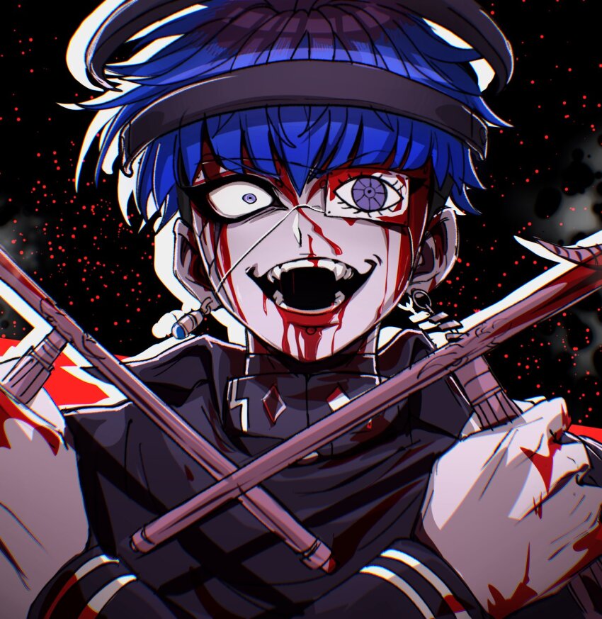 :d black_background blood blood_on_clothes blood_on_ears blood_on_face blood_on_gloves blue_hair cape chamuchai chin_piercing crossed_arms dual_wielding earrings eyepatch face_piercing gakuran gloves highres holding jewelry male_focus multicolored_hair nosebleed omokage_yugamu open_mouth piercing portrait purple_eyes school_uniform short_hair simple_background smile teeth the_hundred_line_-last_defense_academy- very_short_hair white_gloves