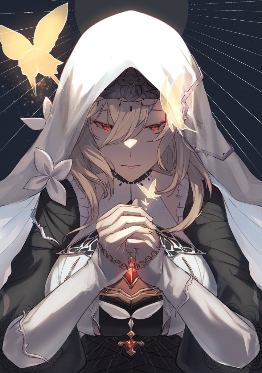 1girl aponia black_dress blonde_hair breast_curtains breasts bug butterfly dress gonnbe_fofo highres honkai_(series) honkai_impact_3rd insect large_breasts mole mole_under_eye nun own_hands_together praying red_eyes short_hair solo upper_body veil white_veil