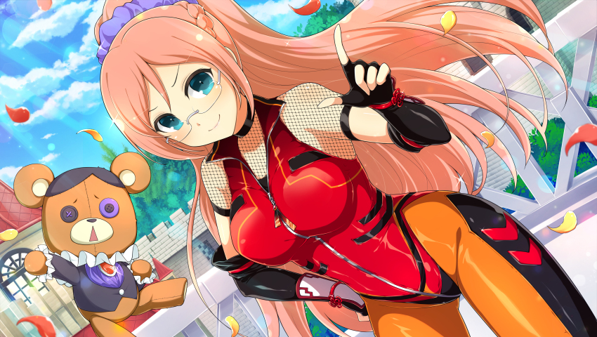 1girl absurdres battlement blue_eyes blue_sky breasts bush castle cloud cloudy_sky falling_petals fingerless_gloves fishnet_top fishnets glasses gloves hair_ornament hair_scrunchie highres jumpsuit medium_breasts official_art orange_hair petals purple_scrunchie ranmaru_(senran_kagura) scrunchie senran_kagura senran_kagura_new_link sky solo stuffed_animal stuffed_toy teddy_bear tree window zipper