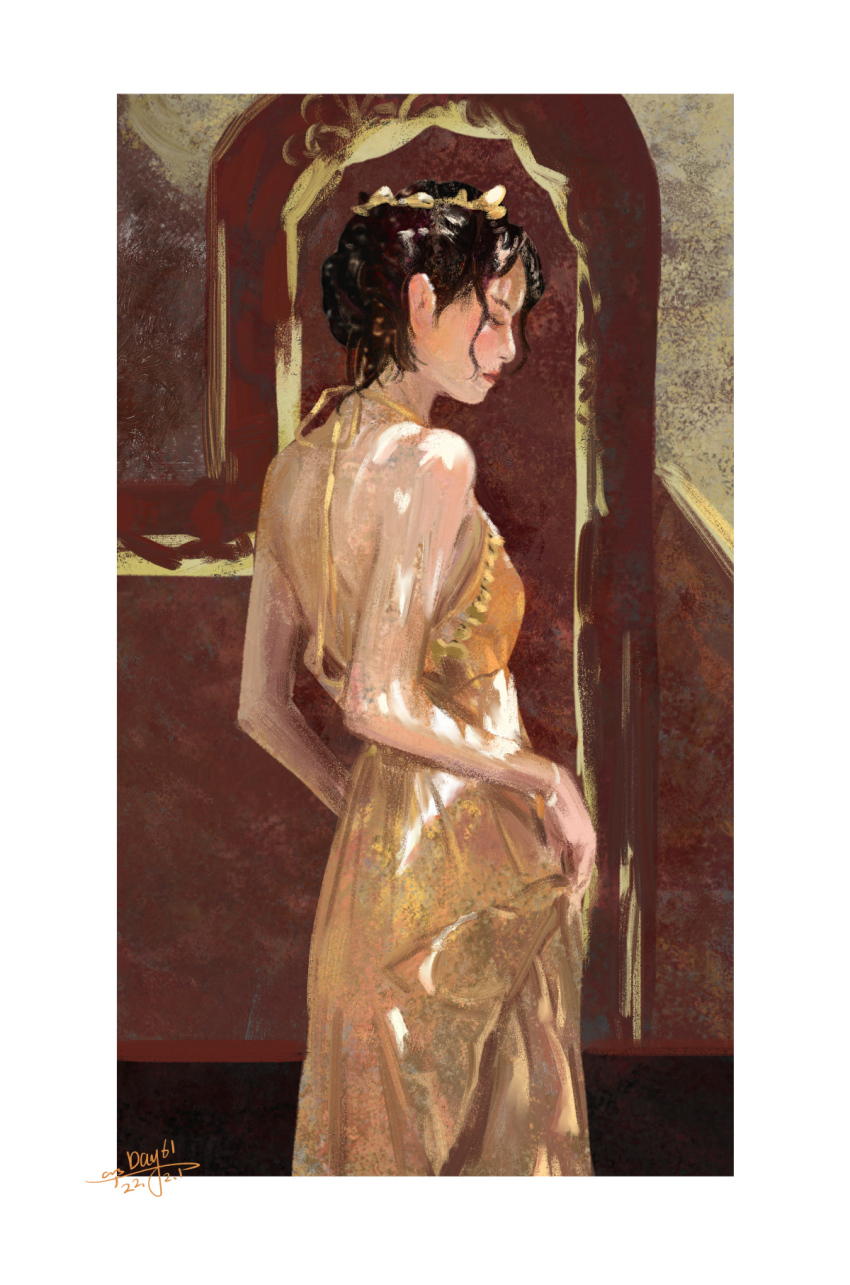 1girl bare_arms bare_shoulders black_hair border bracelet circle closed_eyes closed_mouth cowboy_shot dated dress expressionless faux_traditional_media from_side gown hair_bun highres indoors jewelry lipstick makeup neck_ribbon oil_painting_(medium) original painting_(medium) realistic red_lips ribbon sanshui_guantang short_hair signature single_hair_bun sleeveless sleeveless_dress solo traditional_media white_border yellow_dress yellow_ribbon