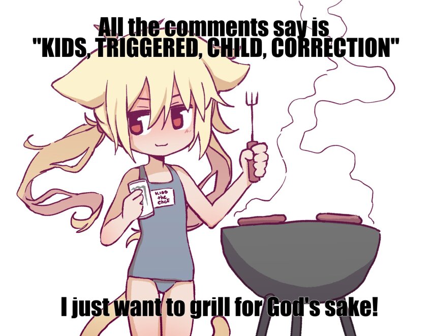 1girl animal_ears blonde_hair cat_ears cat_tail closed_mouth cooking cowboy_shot english_text food fork grill grilling highres holding holding_fork i_just_wanna_grill_for_god&#039;s_sake_(meme) jitome long_hair looking_to_the_side meme monster_energy one-piece_swimsuit orenjipiiru original red_eyes sausage smile smoke solo swimsuit tail twintails white_background