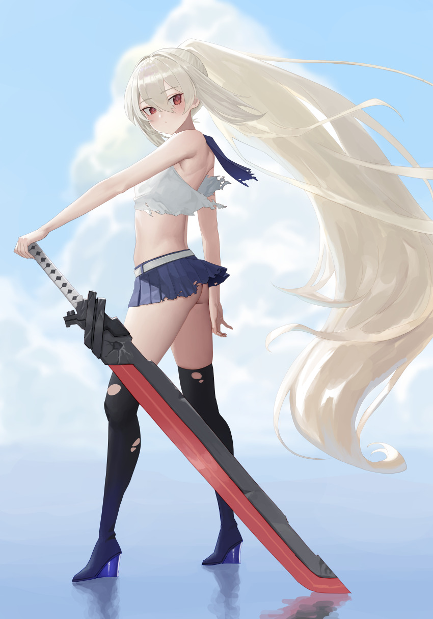 1girl absurdres ass ayanami_(azur_lane) azur_lane back bare_shoulders belly black_thighhighs blonde_hair blush bottomless cloud cloudy_sky dokutsumamuru dot_nose from_side hair_between_eyes hair_blowing high_heels highres holding holding_weapon long_hair long_sword looking_back miniskirt no_panties ponytail red_eyes shirt skirt sky sword sword_hilt thighhighs thighs torn_clothes torn_legwear torn_shirt torn_skirt weapon white_shirt wind