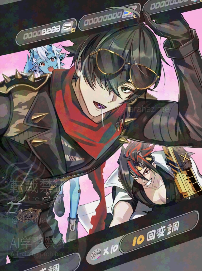 1girl 2boys :d ahoge anton_ivanov arm_up artist_name bandaid bandaid_on_leg black_gloves black_hair black_jacket black_shirt black_shoes blue_oni blue_pants blue_skin candy coat coat_on_shoulders collarbone collared_coat collared_shirt colored_skin commentary_request crossed_bangs earrings eyewear_on_head fang food gloves green_eyes green_hair grin hair_over_one_eye headband highres horns jacket jewelry leaning_forward leather leather_jacket lighter_(zenless_zone_zero) lollipop lollipop_in_mouth long_sleeves looking_at_viewer multicolored_hair multiple_boys narahazime one_eye_covered oni open_collar open_mouth pants parted_bangs pectoral_cleavage pectorals pointy_ears popped_collar red_eyes red_hair red_scarf scarf shirt shoes short_eyebrows short_hair short_sleeves sidelocks skin-covered_horns skin_fang smile soukaku_(zenless_zone_zero) spiked_hair spiked_jacket spikes streaked_hair striped_headband sunglasses teeth twitter_username v-shaped_eyebrows watermark white_coat white_hair zenless_zone_zero