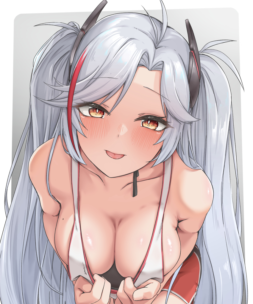 1girl :p absurdres azur_lane bare_shoulders bent_over blush breasts cleavage crop_top_pull downblouse headgear highres leaning_forward long_hair medium_breasts multicolored_hair no_bra orange_eyes prinz_eugen_(azur_lane) prinz_eugen_(brilliant_touchdown)_(azur_lane) red_hair red_shorts short_shorts shorts sideboob sleeveless slit_pupils smile solo streaked_hair tank_top teasing tongue tongue_out top_pull two-tone_hair uniazi_mikan very_long_hair white_hair