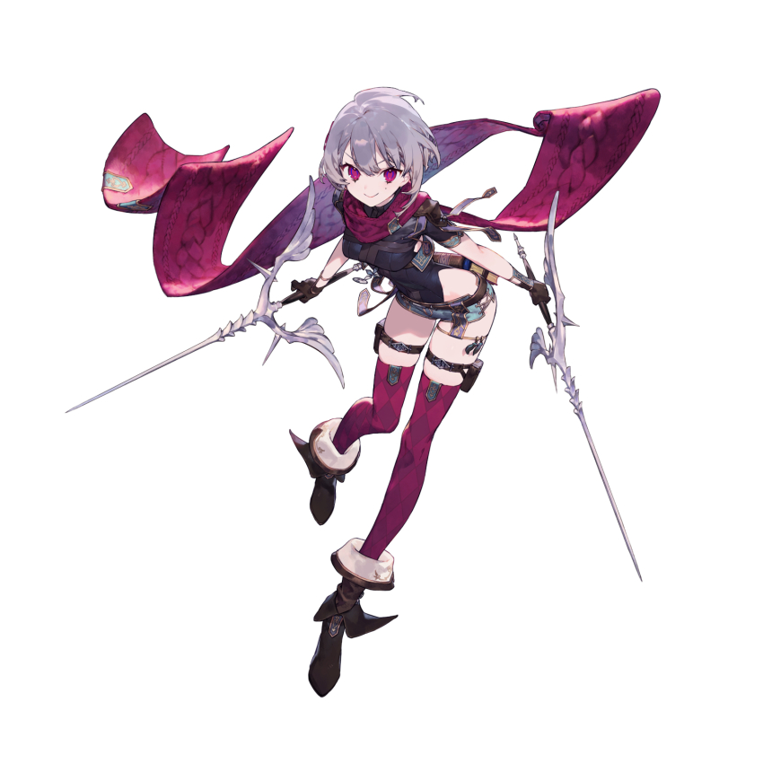 1girl atelier_(series) atelier_resleriana black_boots black_leotard blue_shorts boots breasts brown_gloves closed_mouth dual_wielding floating_clothes full_body gloves grey_hair highres holding holding_sword holding_weapon johanna_(atelier) leaning_forward leotard leotard_under_clothes looking_at_viewer medium_breasts micro_shorts mole mole_under_eye noco_(adamas) official_art purple_eyes purple_scarf purple_thighhighs scarf second-party_source short_hair short_sleeves shorts simple_background skin_tight smile solo standing standing_on_one_leg sword tachi-e thigh_strap thighhighs v-shaped_eyebrows weapon white_background