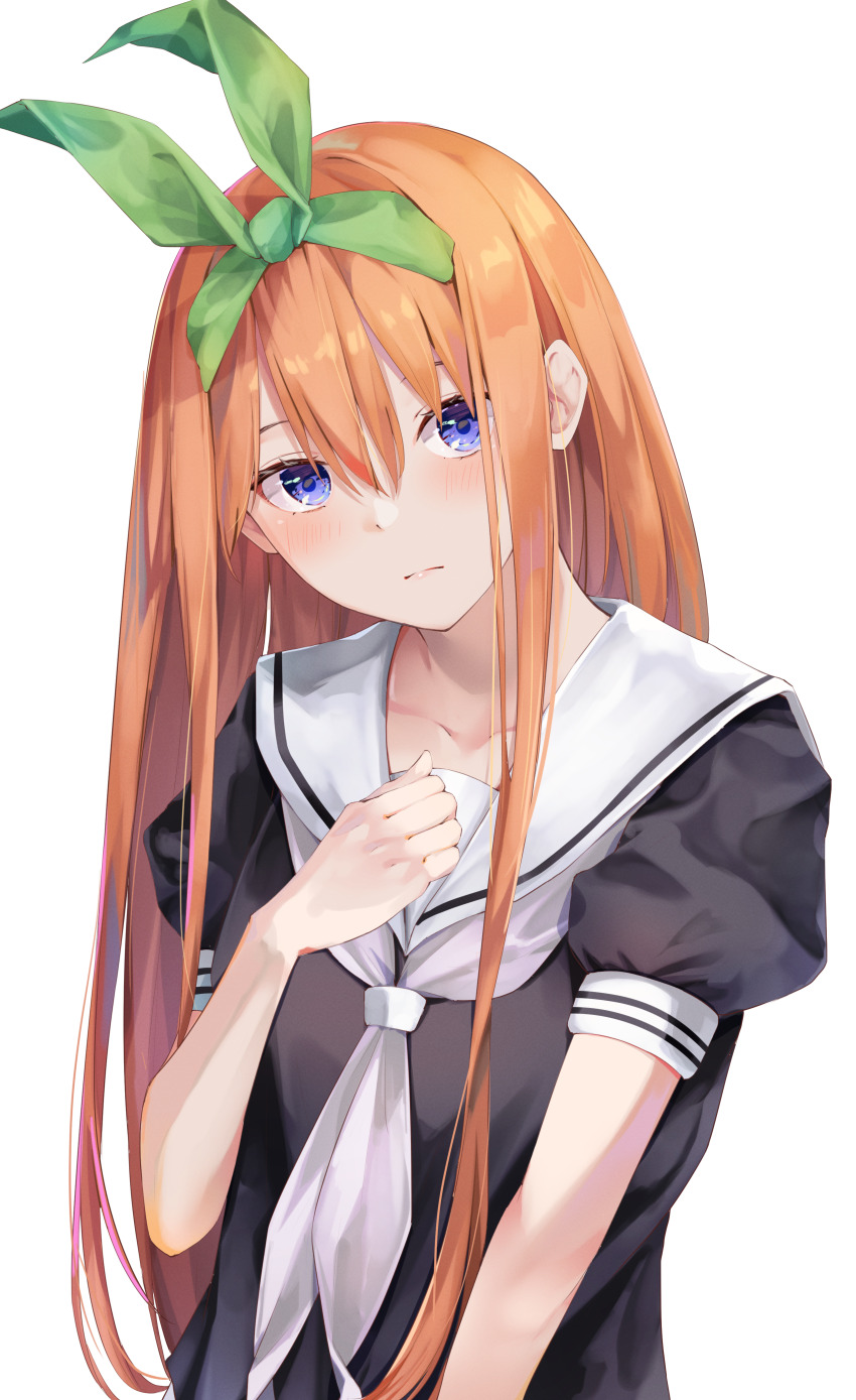 1girl absurdres aged_down black_shirt blue_eyes blush closed_mouth collarbone commentary eyebrows_hidden_by_hair eyelashes frown go-toubun_no_hanayome green_ribbon hair_between_eyes hair_ribbon hand_on_own_chest hand_up head_tilt highres lips long_hair looking_at_viewer nakano_yotsuba neckerchief orange_hair puffy_short_sleeves puffy_sleeves ribbon sailor_collar school_uniform serafuku shirt short_sleeves sidelocks simple_background solo straight_hair upper_body very_long_hair white_background white_neckerchief white_sailor_collar yuunamida_uyu