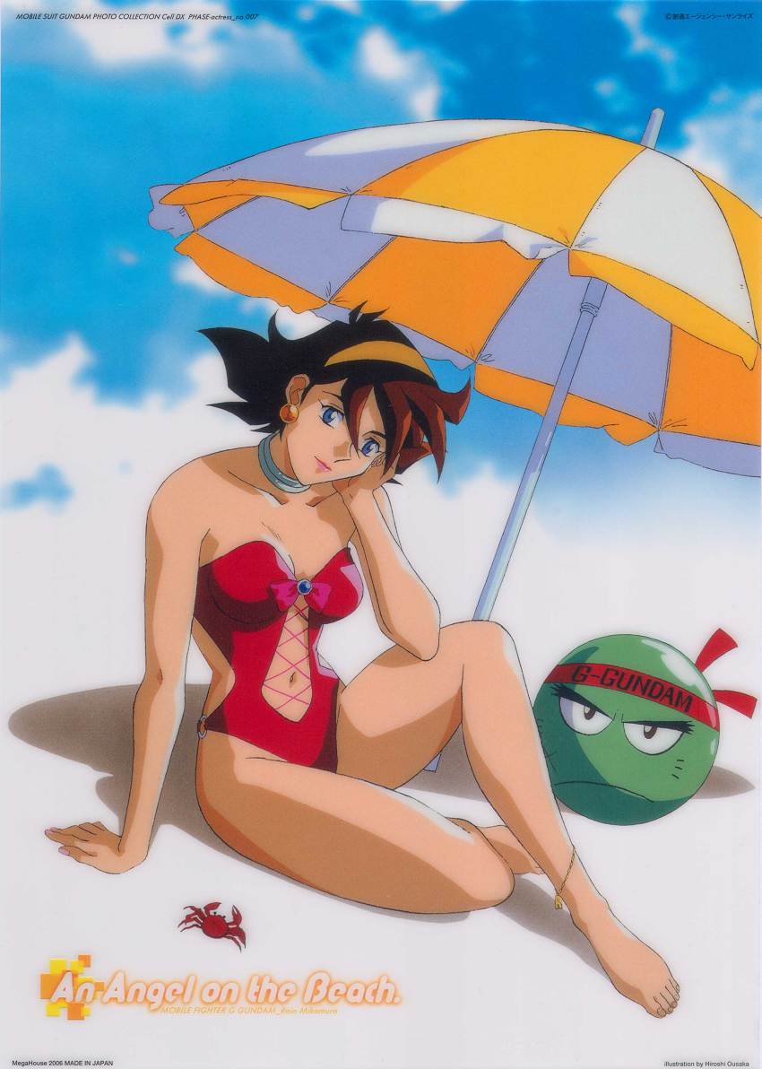 1990s_(style) 1girl absurdres anklet bare_shoulders beach_umbrella casual_one-piece_swimsuit copyright_name copyright_notice crab english_text female_focus g_gundam gundam head_rest head_tilt headband highres jewelry navel neck_ring official_art one-piece_swimsuit ousaka_hiroshi rain_mikamura red_one-piece_swimsuit retro_artstyle sitting solo strapless strapless_one-piece_swimsuit swimsuit umbrella