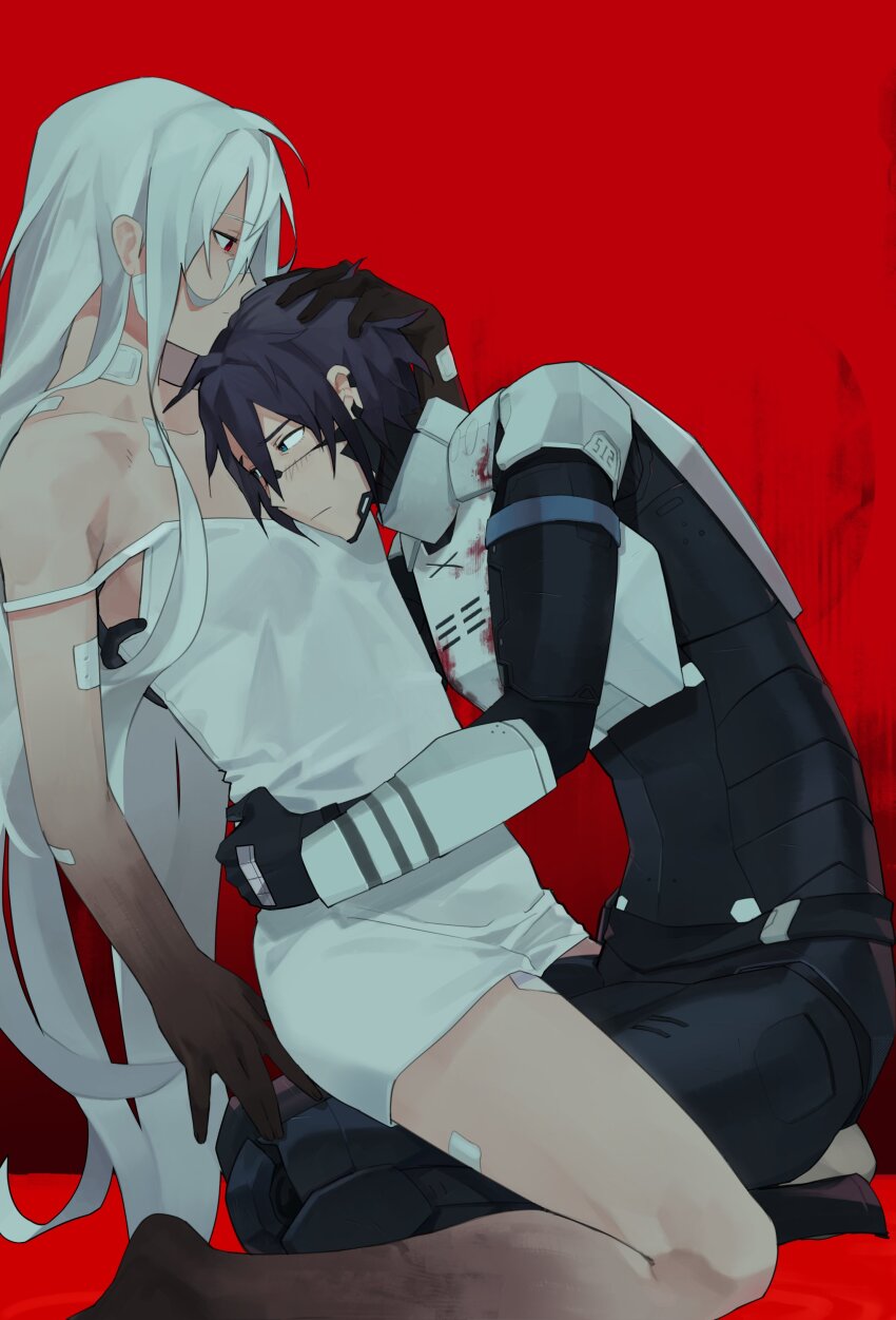 2girls absurdres android ariane_yeong black_hair blood blue_eyes camisole closed_eyes cyberpunk elster_(signalis) highres holding joints long_hair meatworld9 metal_skin multiple_girls red_eyes robot_girl robot_joints science_fiction short_hair signalis white_hair yuri