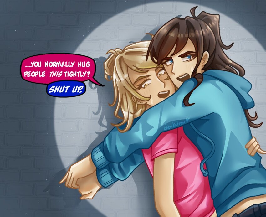 2girls aqua_hoodie black_hair blonde_hair blue_eyes class_of_09 denim derkdrew124 english_text hair_bun hood hood_down hoodie hug jeans jecka_(class_of_09) long_hair looking_at_viewer multiple_girls nicole_(class_of_09) open_mouth pants pink_shirt ponytail shirt short_sleeves sweatdrop teeth upper_teeth_only yellow_eyes yuri