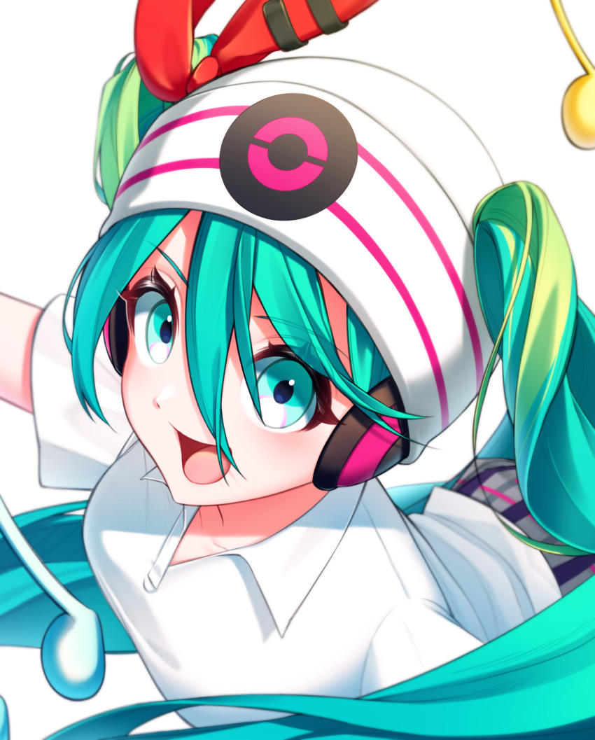aqua_eyes aqua_hair blush collarbone hair_between_eyes hat hatsune_miku headphones highres kkultteok0 musical_note nintendo official_alternate_costume official_alternate_hairstyle open_mouth poke_ball_symbol pokemon project_voltage psychic_miku_(project_voltage) shirt short_sleeves simple_background smile vocaloid white_background white_hat white_shirt