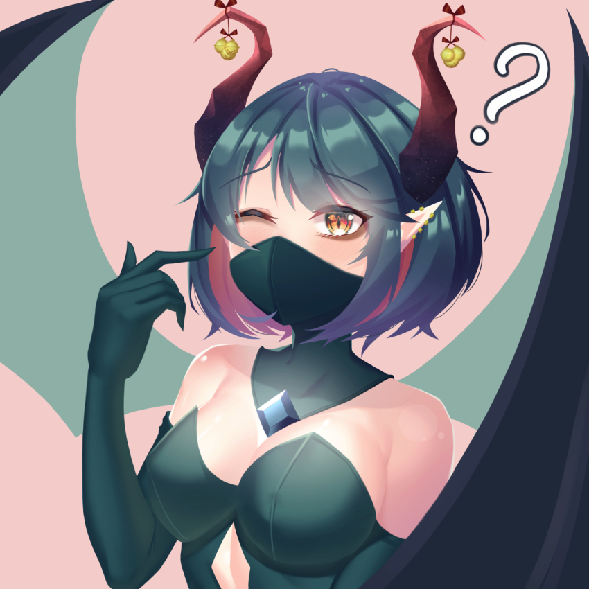 1girl breasts cleavage commentary demon_girl demon_horns demon_wings destinyplayer1 diamond-shaped_pupils diamond_(shape) elbow_gloves english_commentary gloves green_gloves highres horns large_breasts looking_at_viewer mask one_eye_closed original red_eyes solo symbol-shaped_pupils upper_body wings