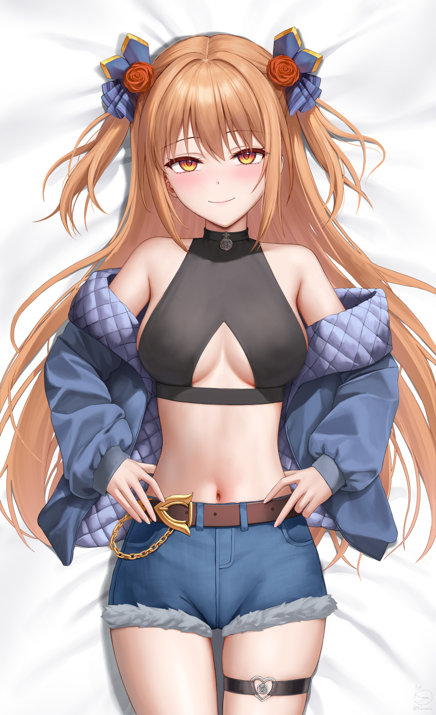 1girl absurdres bare_shoulders belt wallet_chain blush breasts breasts_apart closed_mouth clothing_cutout cowboy_shot cutoffs dakimakura_(medium) flower hair_flower hair_ornament highres jacket keine09 long_hair looking_at_viewer lying medium_breasts midriff navel nozomi_(princess_connect!) o-ring o-ring_thigh_strap off-shoulder_jacket off_shoulder on_back open_clothes open_jacket orange_eyes orange_hair princess_connect! rose short_shorts shorts smile solo thigh_strap underboob_cutout